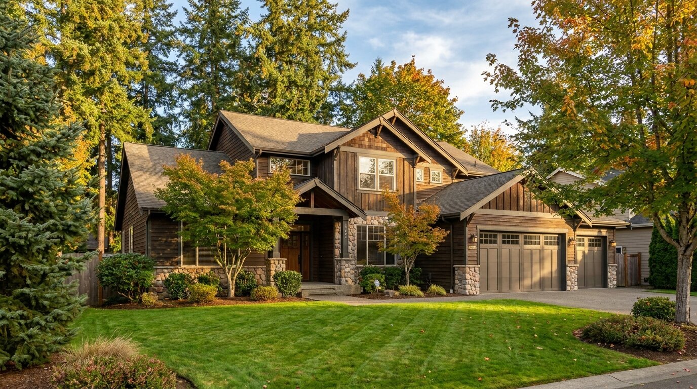 Charming Pacific Northwest single-family home with two-car garage and green lawn in King County Washington suburb