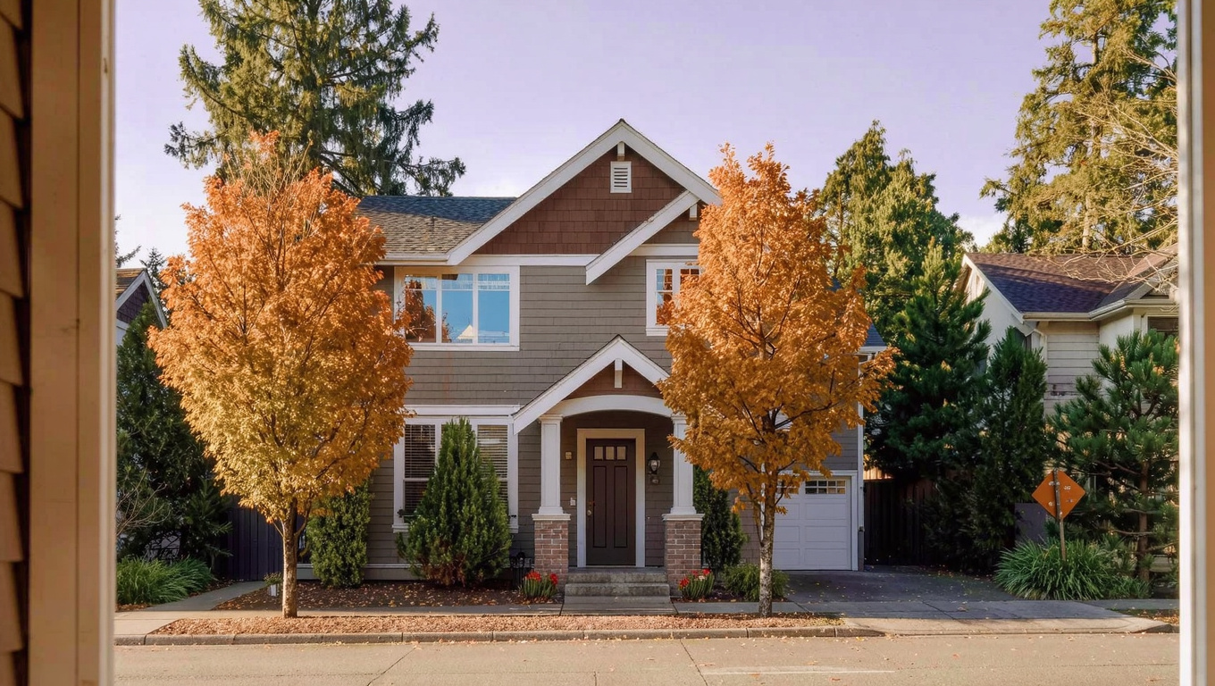 Late 1980s to 1990s two-story home exterior in the Klahanie neighborhood of Sammamish, Washington with established landscaping and community streetscape