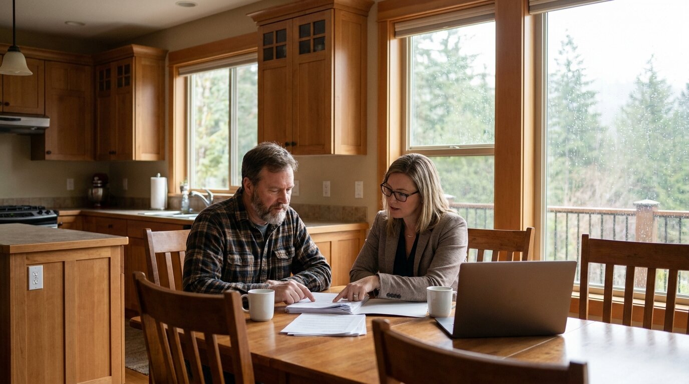King County homeowner reviewing listing documents with a real estate agent at kitchen table