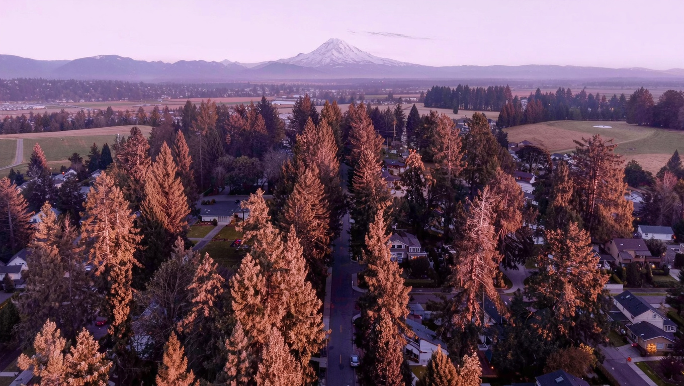 Residential street in the Benson Hill neighborhood of Renton, King County, Washington, with mature trees and suburban character. INTERNAL LINK TO CITY HUB: /living-in-renton-wa/