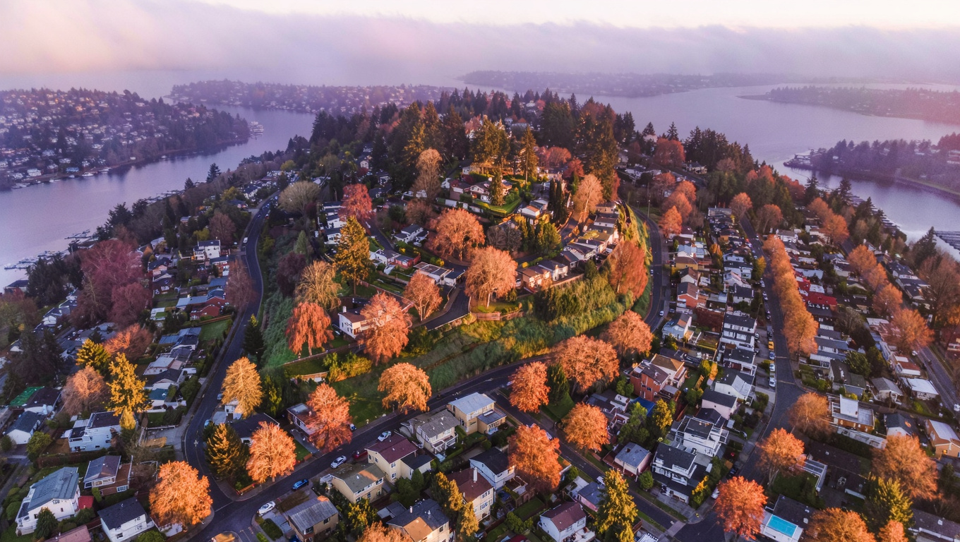 Residential street in the Cascade neighborhood of Renton, King County, Washington, with mature trees along a quiet cul-de-sac.