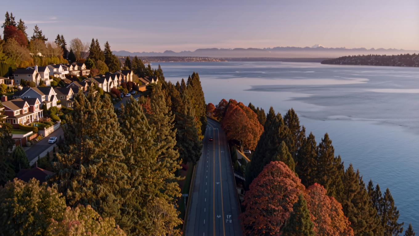 Elevated golden-hour view along East Lake Sammamish Parkway in Sammamish Washington with residential homes on the hillside and Lake Sammamish stretching below through mature evergreen forest.