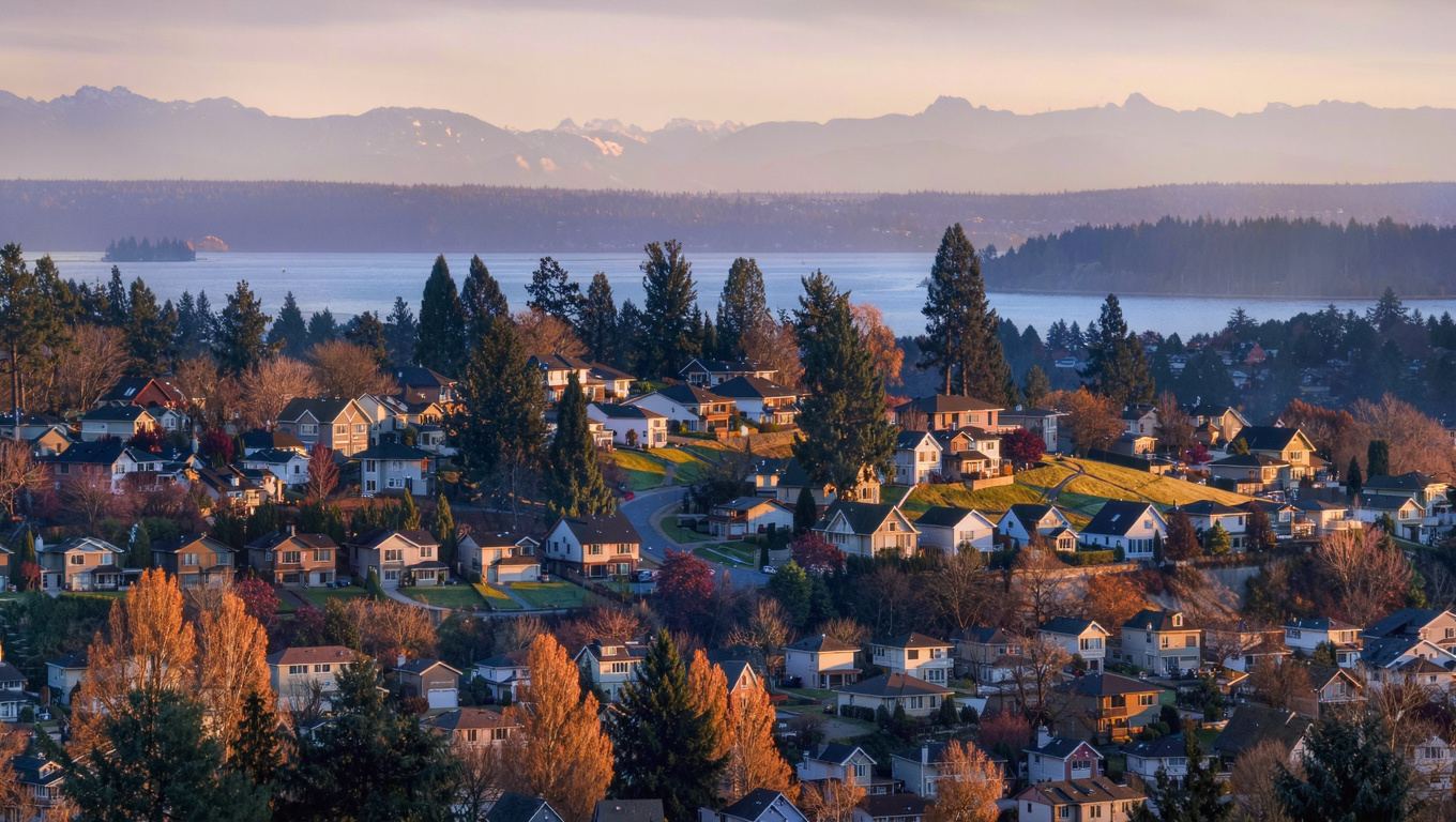 Aerial view of Klahanie planned community homes in Sammamish, Washington with mature evergreen trees and Lake Sammamish in the background.
