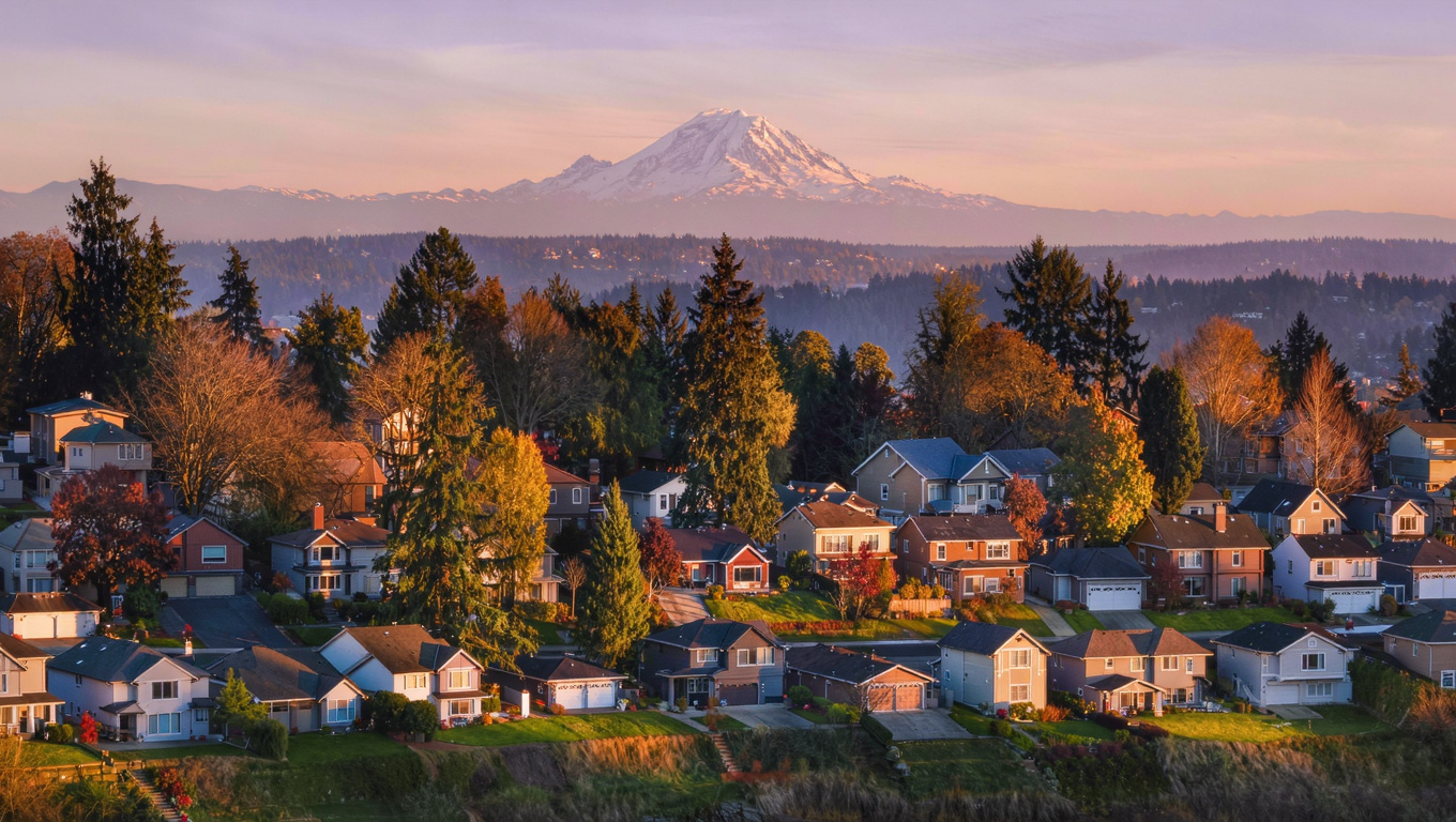 Cinematic golden-hour elevated view of an established Sammamish Plateau neighborhood in Washington with quality single-family homes on generous lots, mature Douglas fir and western red cedar throughout, and rolling plateau terrain stretching to a distant Cascade Mountain backdrop.