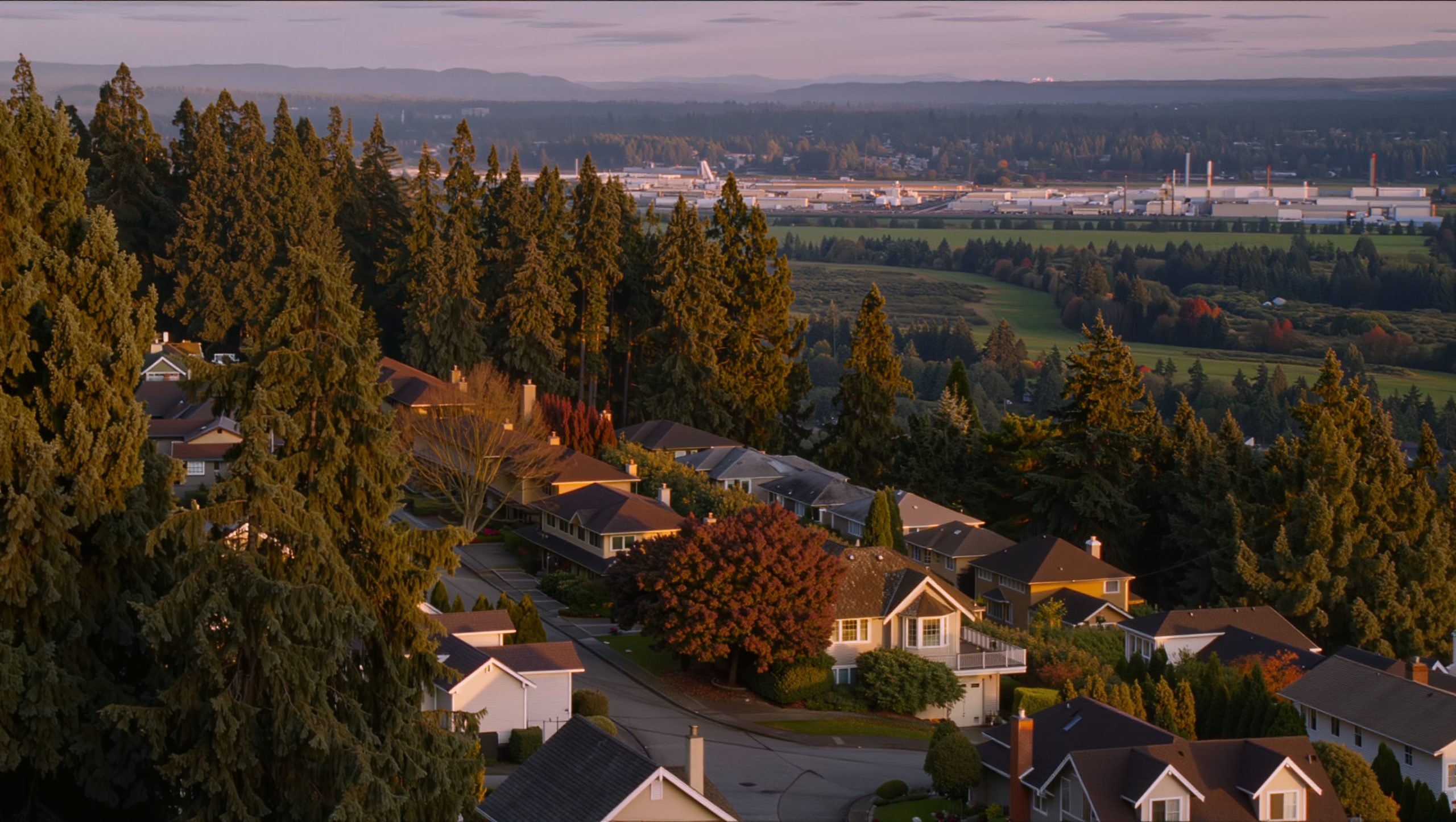Panoramic view of Renton WA neighborhoods and residential areas with Lake Washington in the background, King County, Washington.