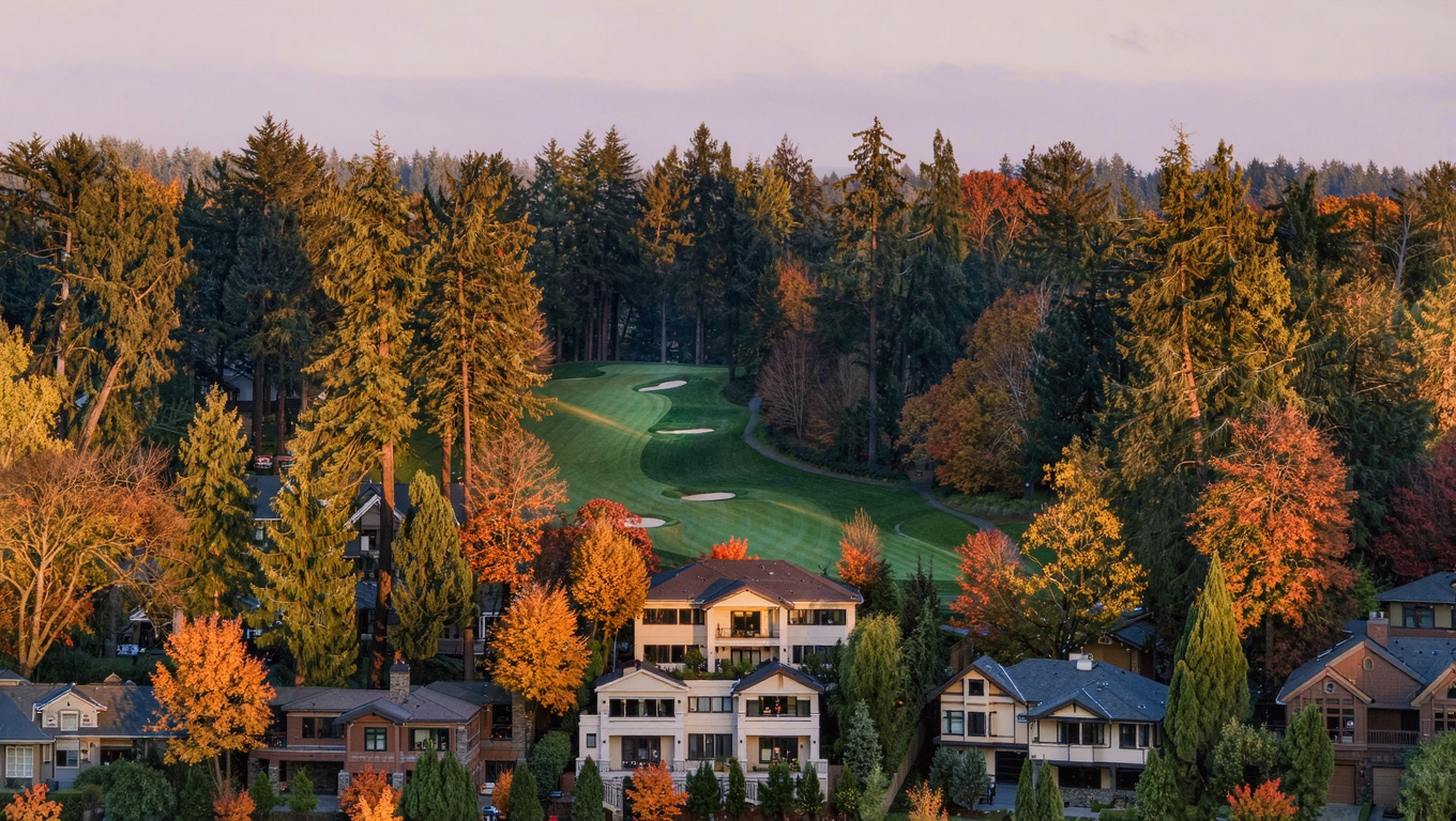 Elevated golden-hour view of custom homes in the Sahalee gated golf community in Sammamish, Washington with manicured fairways threading through mature Douglas fir and western red cedar forest.