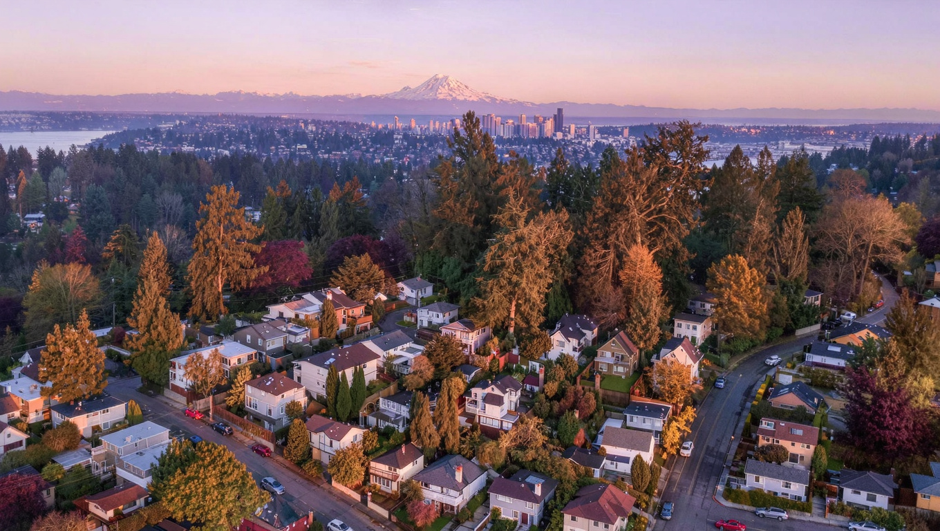 Residential street in the Talbot Hill neighborhood of Renton, King County, Washington, with views toward the Cedar River Valley.