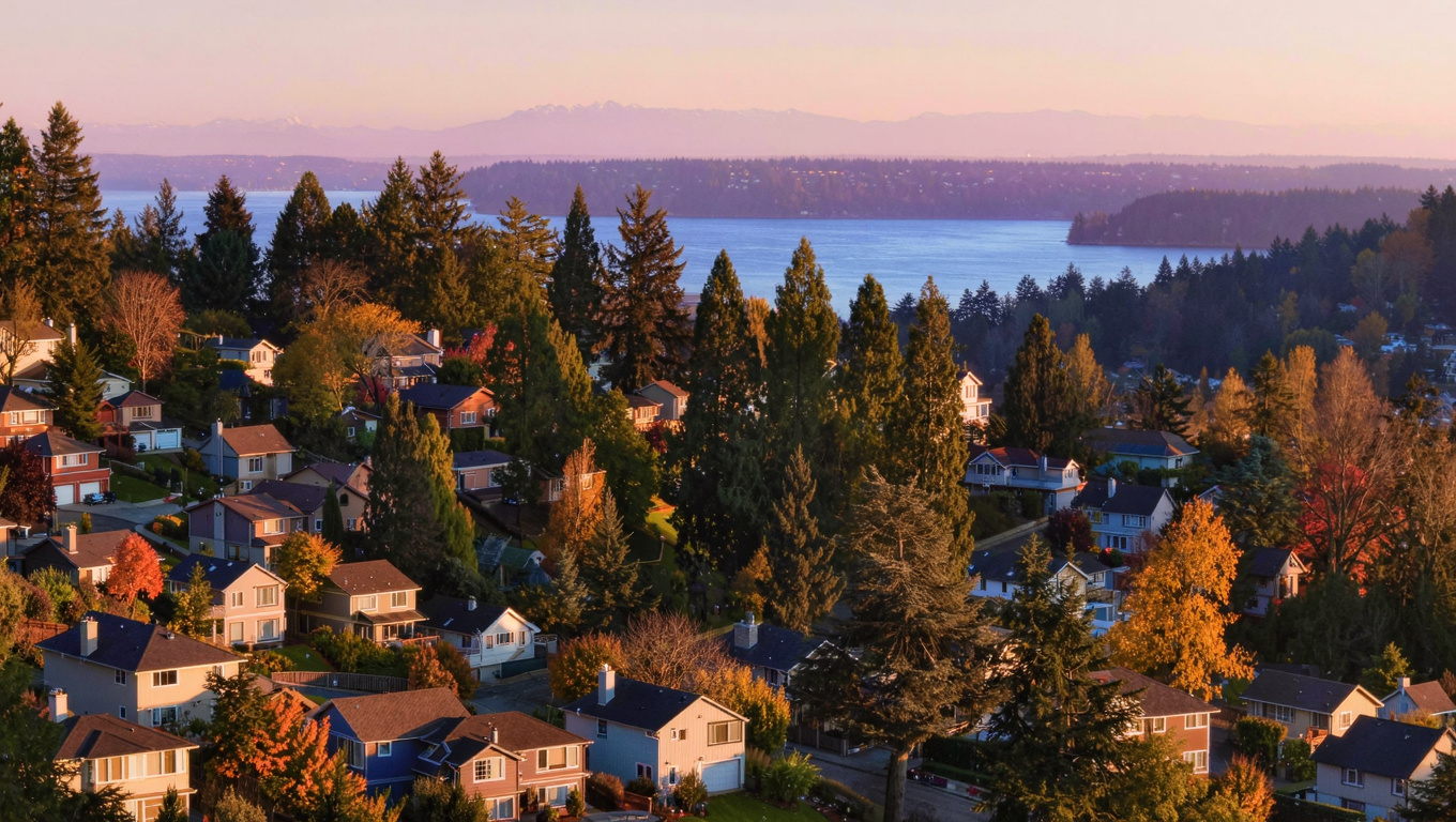 Elevated golden-hour aerial view of Tally Ho and Inglewood Hill neighborhood homes on the Sammamish Plateau in Washington with Lake Sammamish visible through the tree canopy in the background.