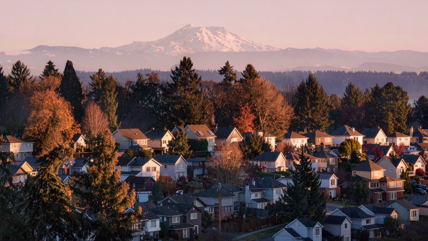 Aerial view of Trossachs neighborhood homes on the Sammamish Plateau, Sammamish, Washington, with mature evergreen trees and Issaquah Alps in the background.