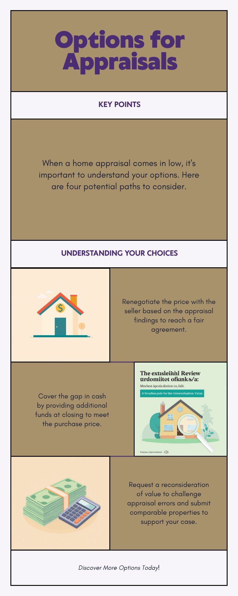 Infographic showing four options when a home appraisal comes in low — renegotiate, cover the gap, request ROV, or cancel — for King County buyers and sellers