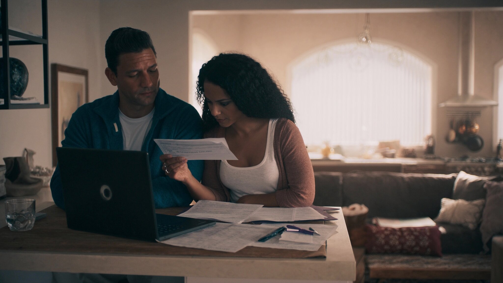 First-time buyers reviewing mortgage qualification paperwork at home in King County WA