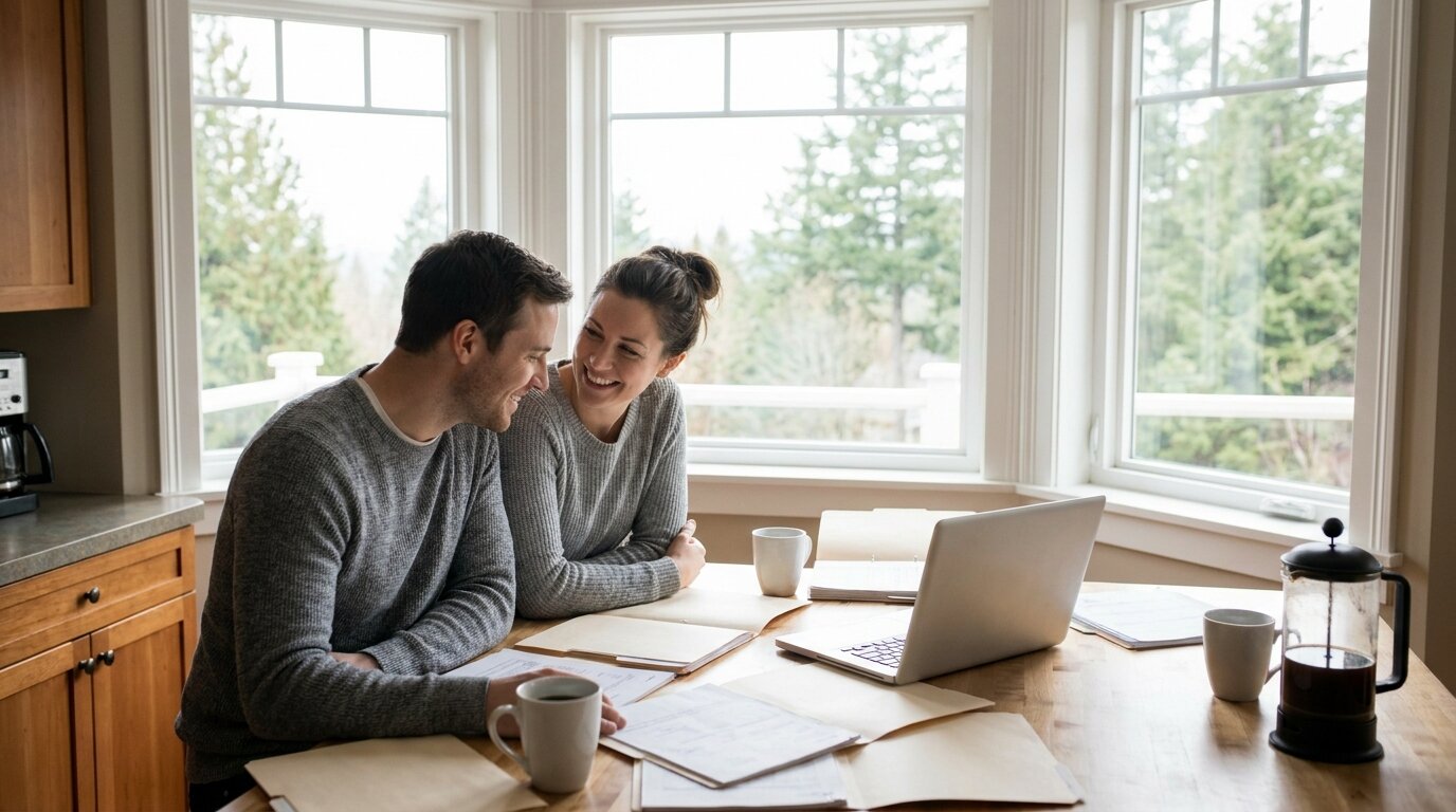 Young King County couple reviewing mortgage paperwork at home to plan a rate buydown