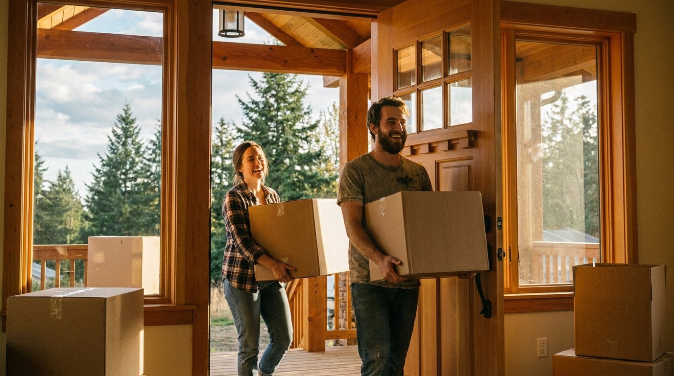 Family moving boxes into their new King County WA home after buying before selling