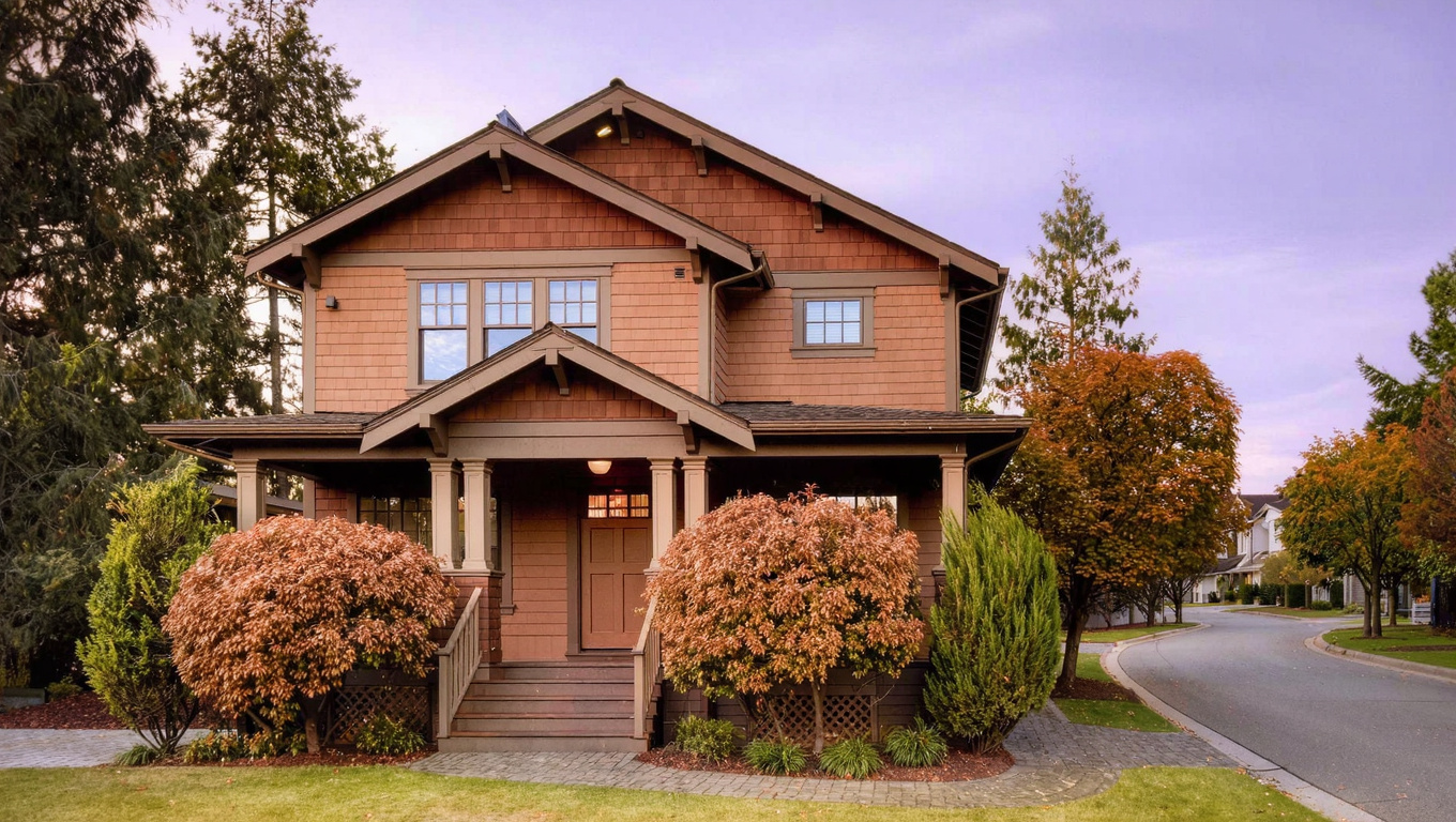 Quality 1990s Pacific Northwest single-family home exterior in the Pine Lake neighborhood of Sammamish, Washington with mature landscaping and established streetscape