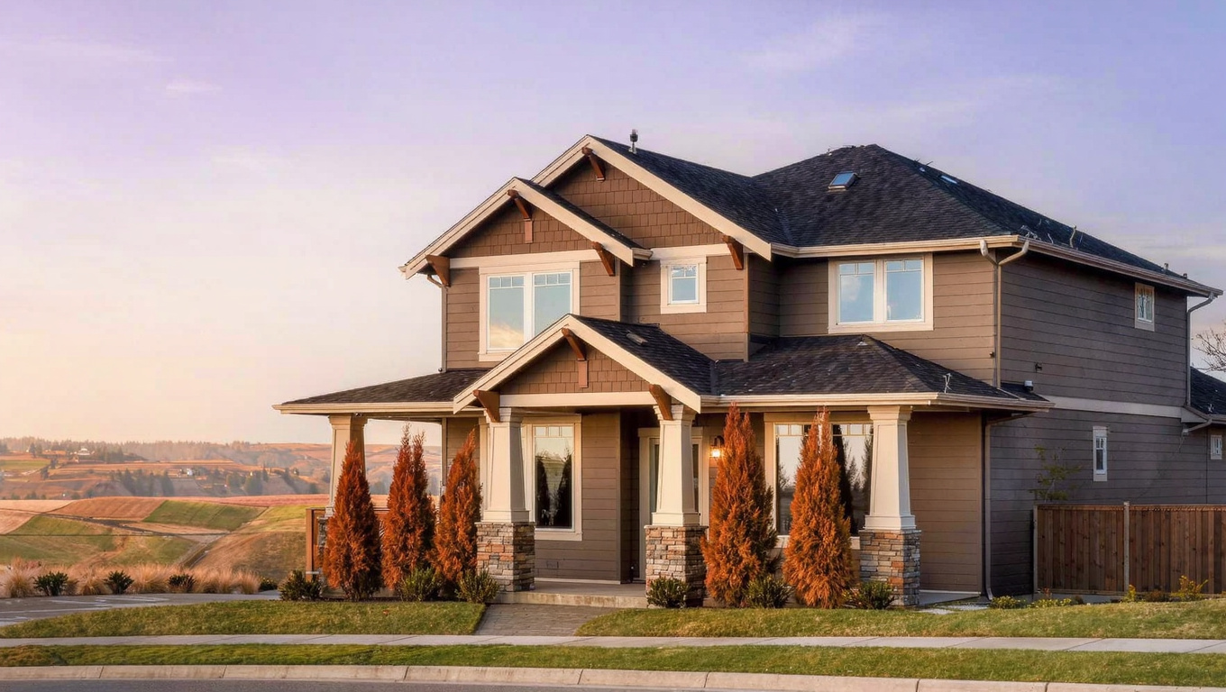 Quality two-story craftsman Pacific Northwest home exterior in an established Sammamish Washington plateau neighborhood with well-maintained siding, covered front entry, mature evergreen foundation plantings, and generous lot with HOA-maintained streetscape