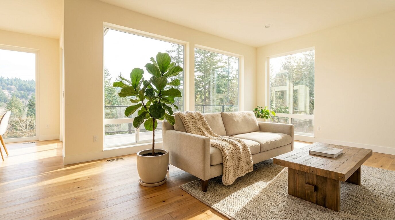 Clean, decluttered living room staged for sale in a King County, WA home