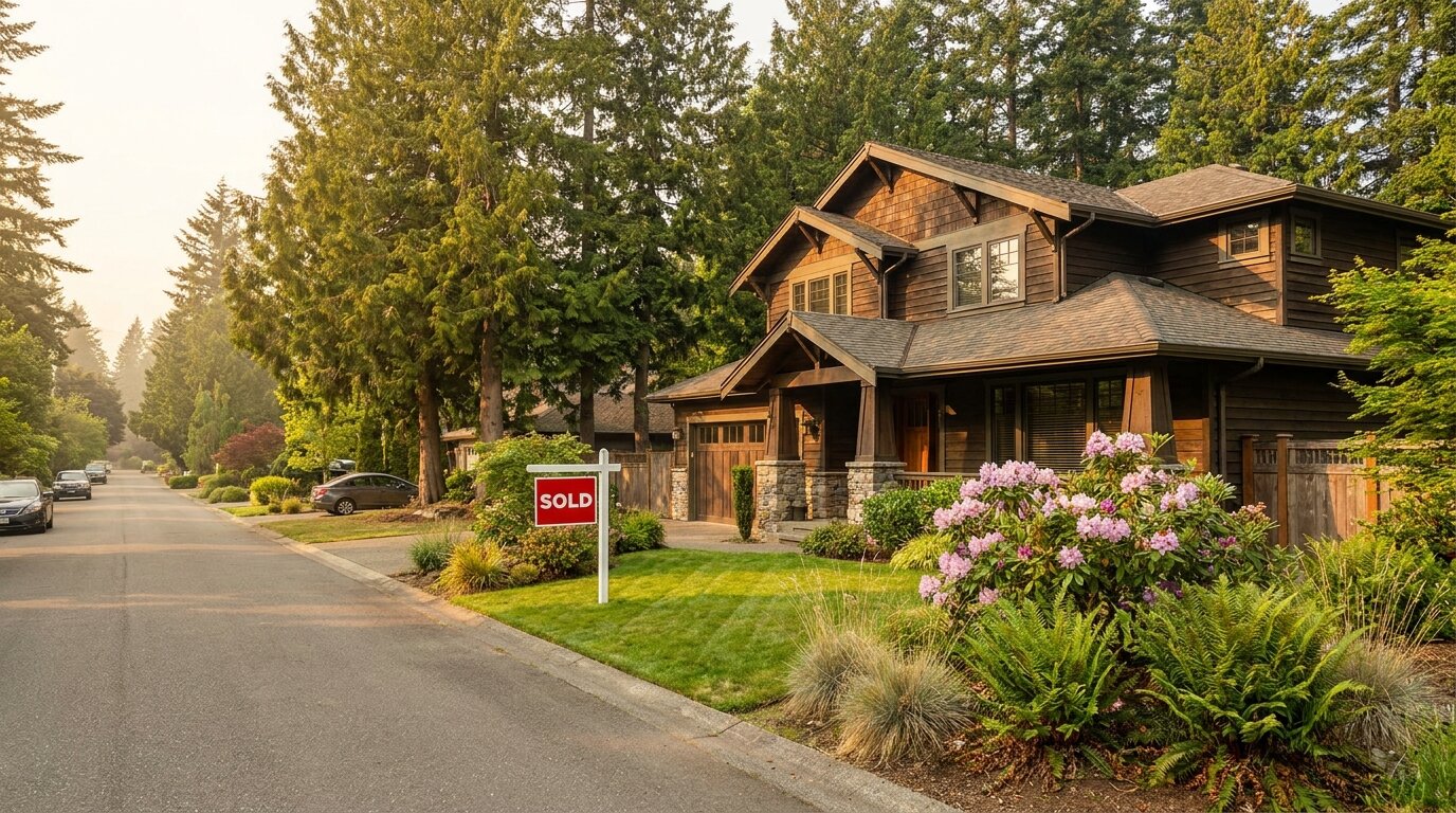 Exterior of a well-maintained Pacific Northwest home with a SOLD sign, representing property taxes and home ownership in King County Washington