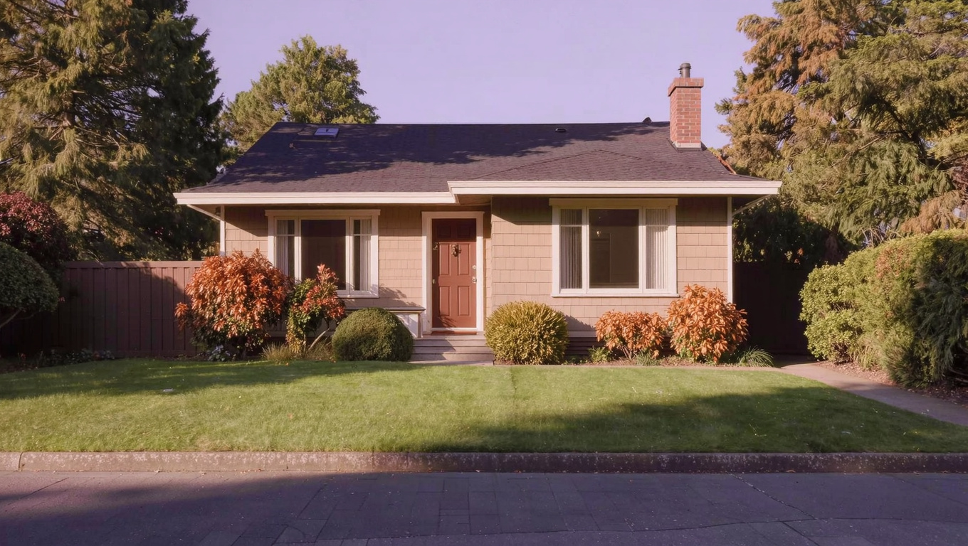 1960s to 1980s single-family home exterior in Renton Highlands Washington, one-story rambler with composite siding and mature landscaping.