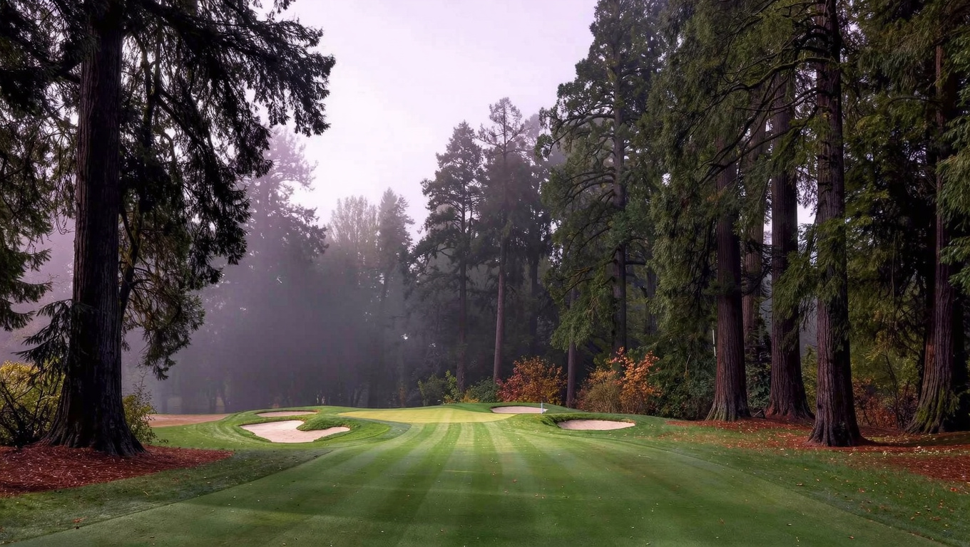 Manicured fairway at Sahalee Country Club in Sammamish, Washington with towering old-growth Douglas fir and western red cedar forming a natural forest cathedral around the golf hole