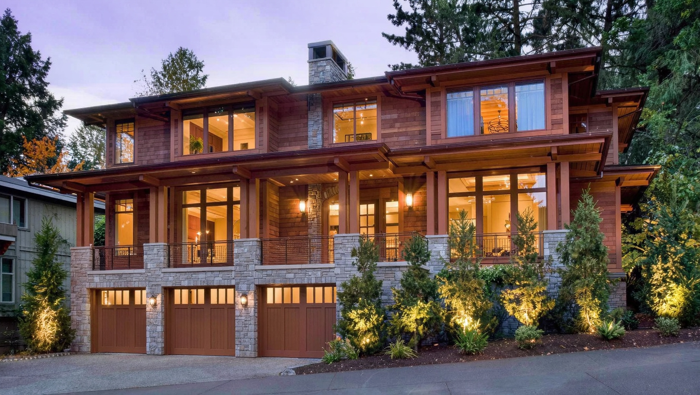 Custom Pacific Northwest luxury home exterior in the Sahalee gated community of Sammamish, Washington with high-quality stone and cedar details, mature evergreen landscaping, and upscale streetscape