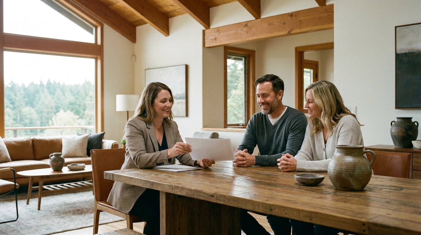 Real estate agent meeting with homeowners at kitchen table reviewing pricing documents, Pacific Northwest home