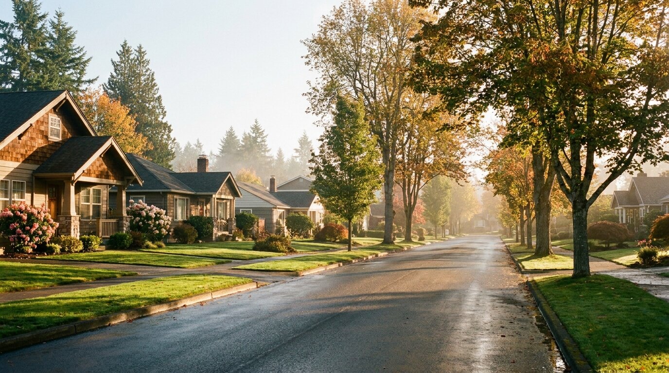 Tree-lined residential street in South King County with craftsman homes in warm morning light, Washington state