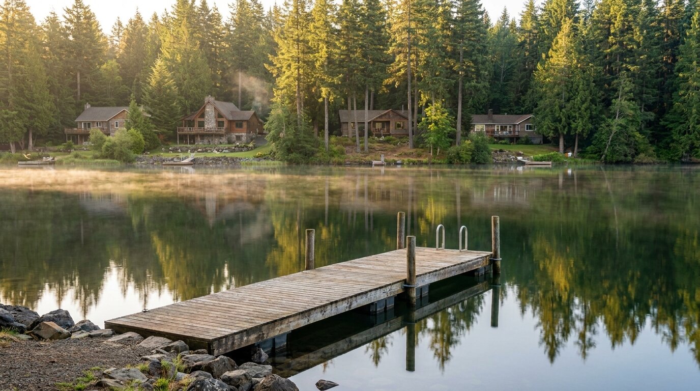 Calm lake with a dock and homes among evergreens in Federal Way, King County WA