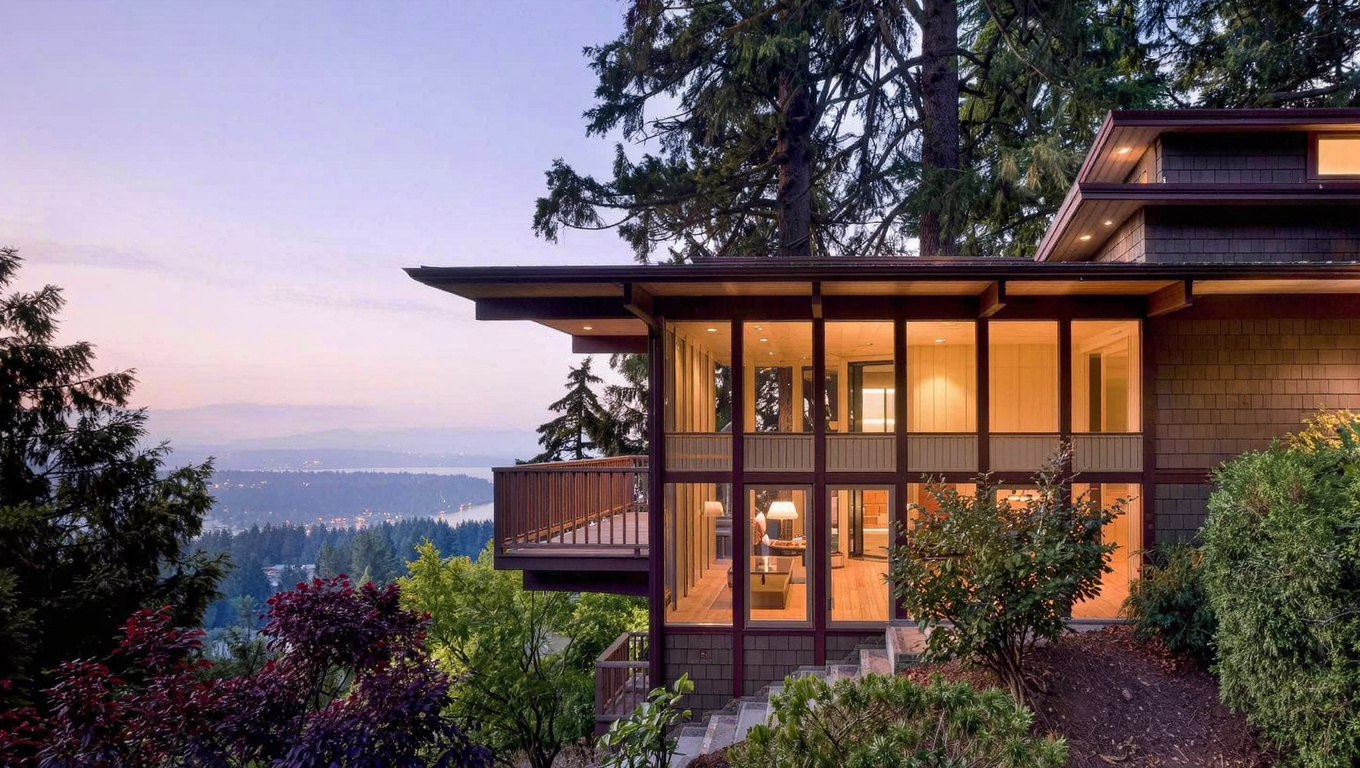 1960s to 1980s two-story single-family home exterior on hillside lot in Talbot Hill Renton Washington with view deck and mature landscaping.