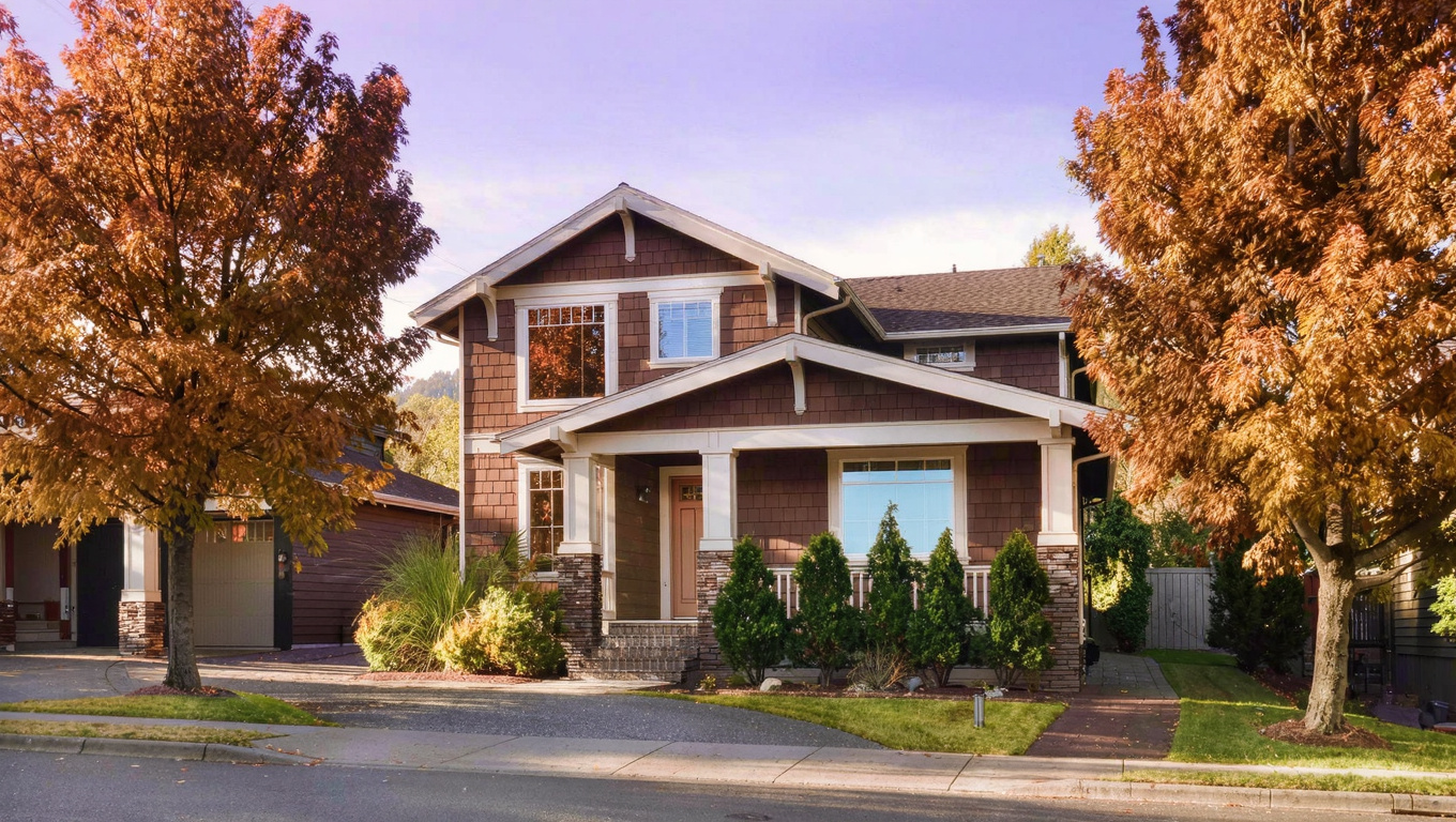 Quality late 1990s to 2000s two-story Pacific Northwest home exterior in the Tally Ho neighborhood of Sammamish, Washington with mature landscaping and gentle sloped terrain