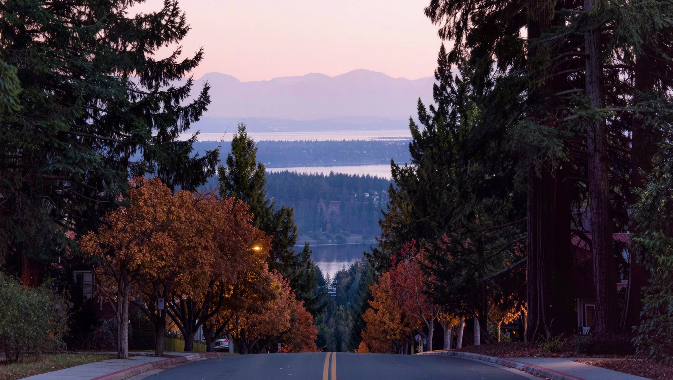 Westward ridgeline view from Inglewood Hill in Sammamish, Washington showing Lake Sammamish and Olympic Mountains silhouette through gaps in mature Pacific Northwest treeline