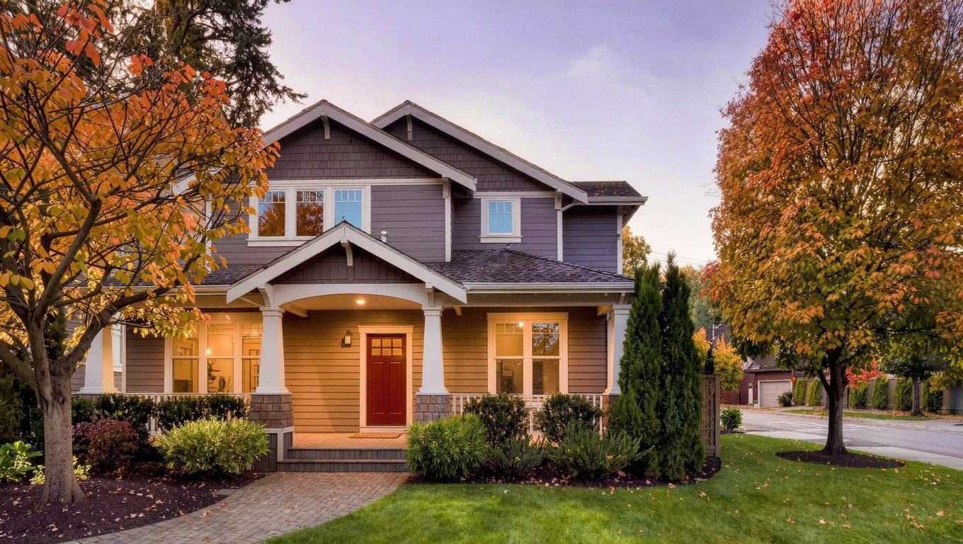 Quality 1990s two-story craftsman-influenced home exterior in the Trossachs neighborhood of Sammamish, Washington with mature landscaping