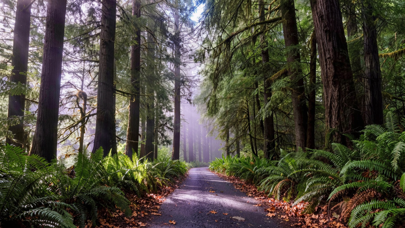Forest trail at Pine Lake Park in Sammamish, Washington near the Trossachs neighborhood with Douglas fir canopy and sword ferns