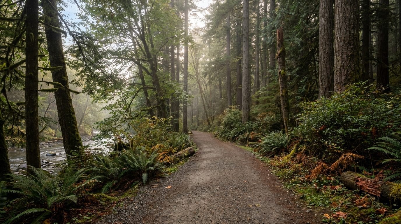 Wooded trail and river access at Game Farm Wilderness Park near the Auburn Valley neighborhood of Auburn, Washington