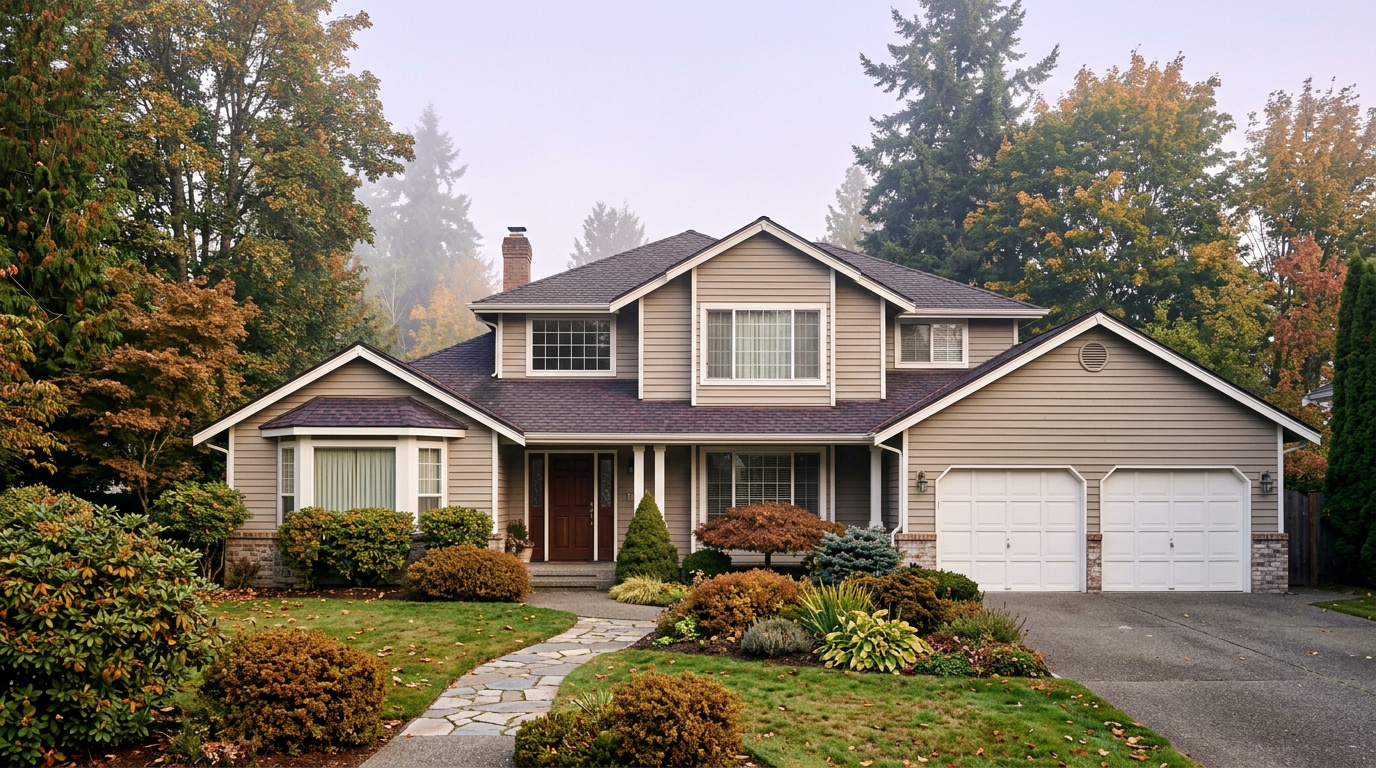 Two-story home exterior typical of the Celebration Park and Easter Lake area of Federal Way, WA