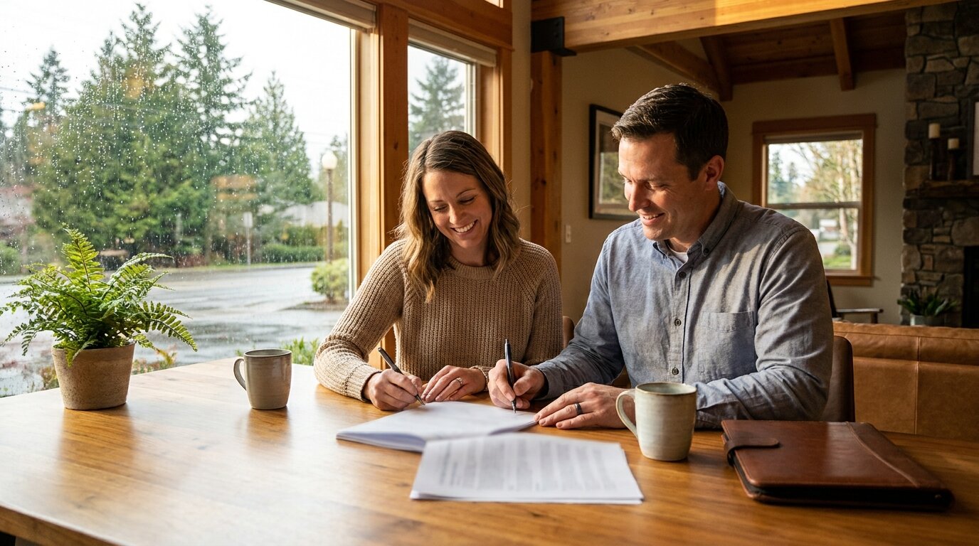 Real estate closing table with buyers reviewing paperwork, King County Washington home sale