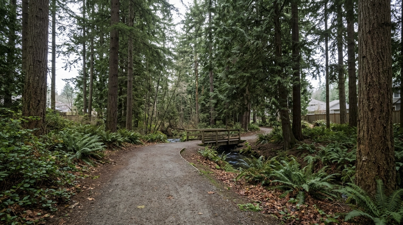 Wooded trail through Jenkins Creek Park greenbelt in the Covington and SE Kent area of Kent, Washington