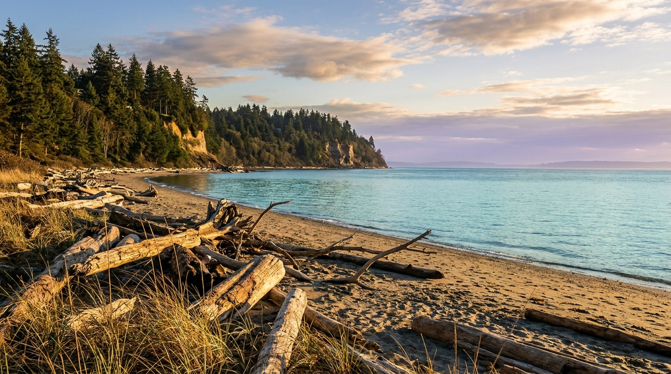 Puget Sound beach and forested trails at Dash Point State Park in Federal Way, WA