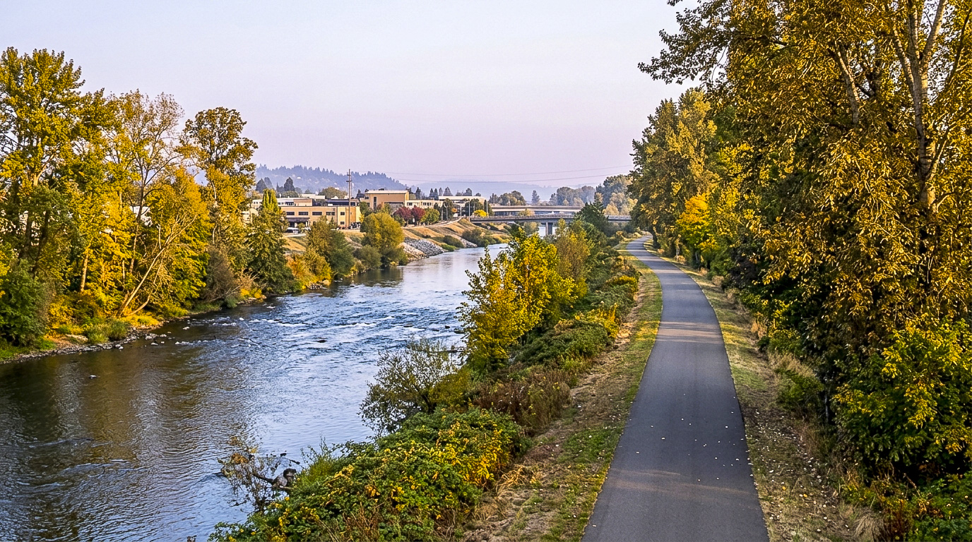 Cyclists and walkers on the Green River Trail through downtown Kent, Washington