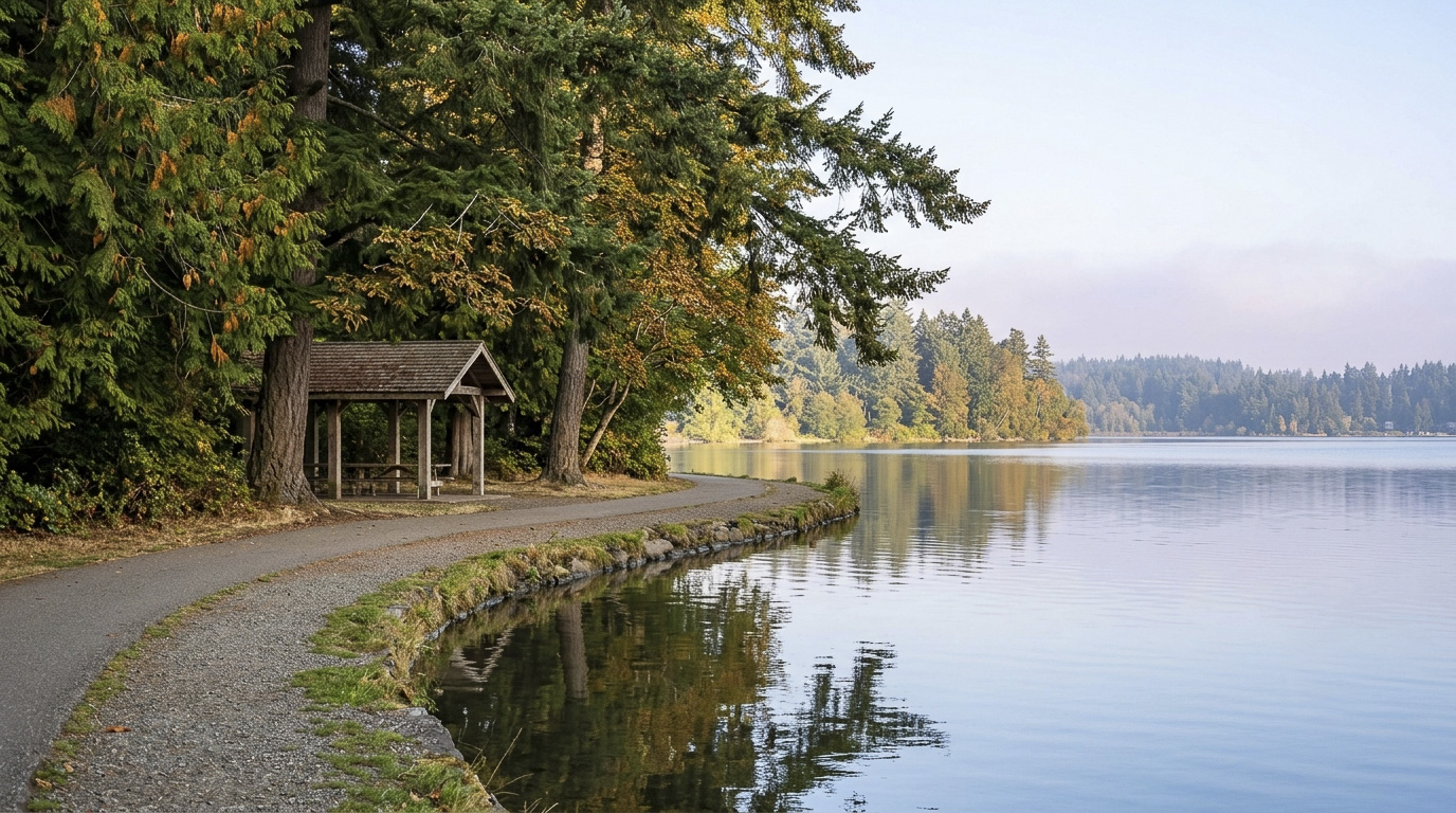 Lake Meridian Park shoreline and trail near Kent East Hill, Washington