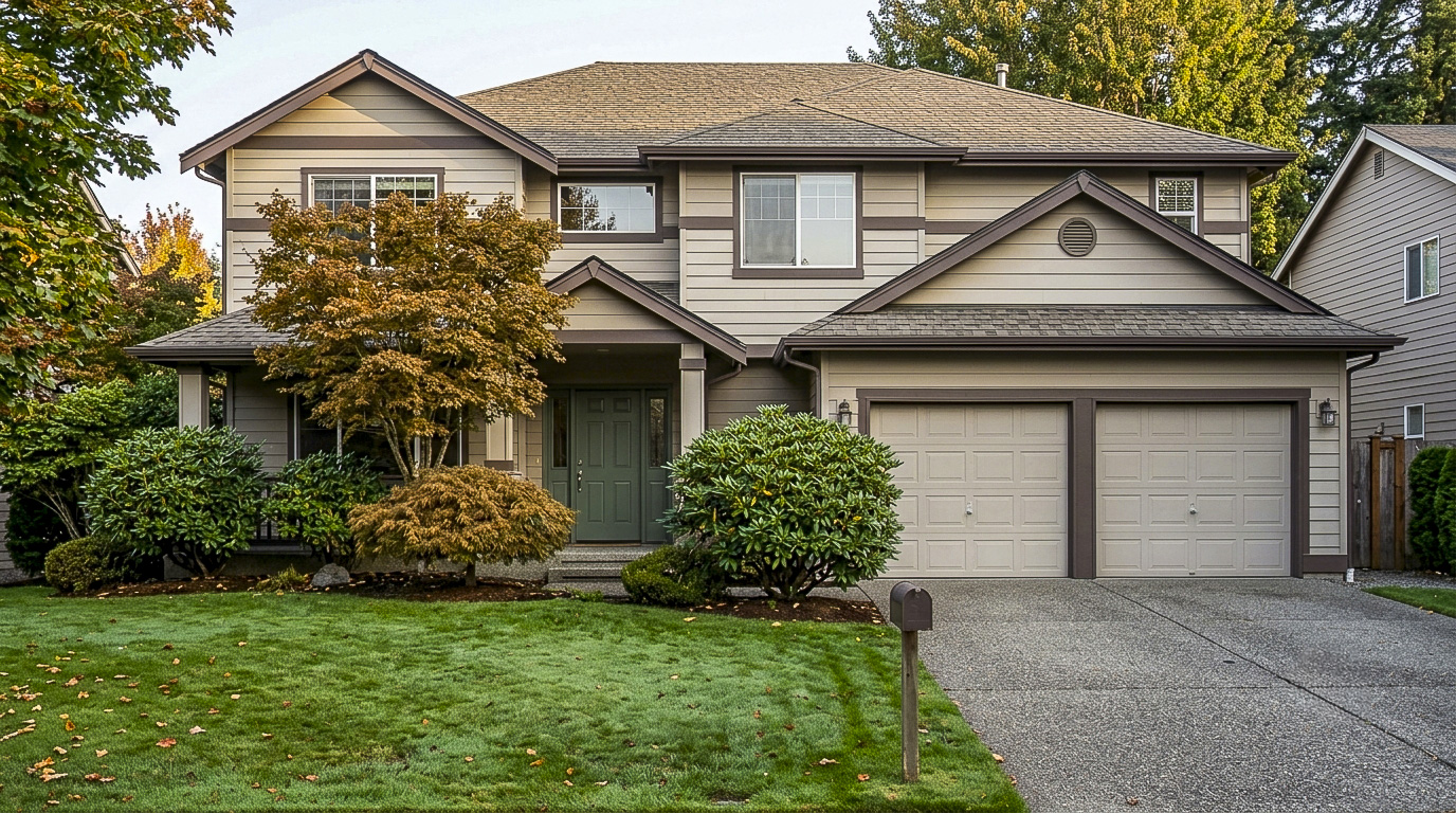 1990s two-story home exterior near Lake Meridian in Kent, Washington