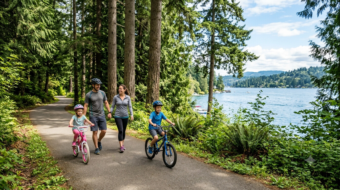 Family walking the East Lake Sammamish Trail near Lake Sammamish, Sammamish WA