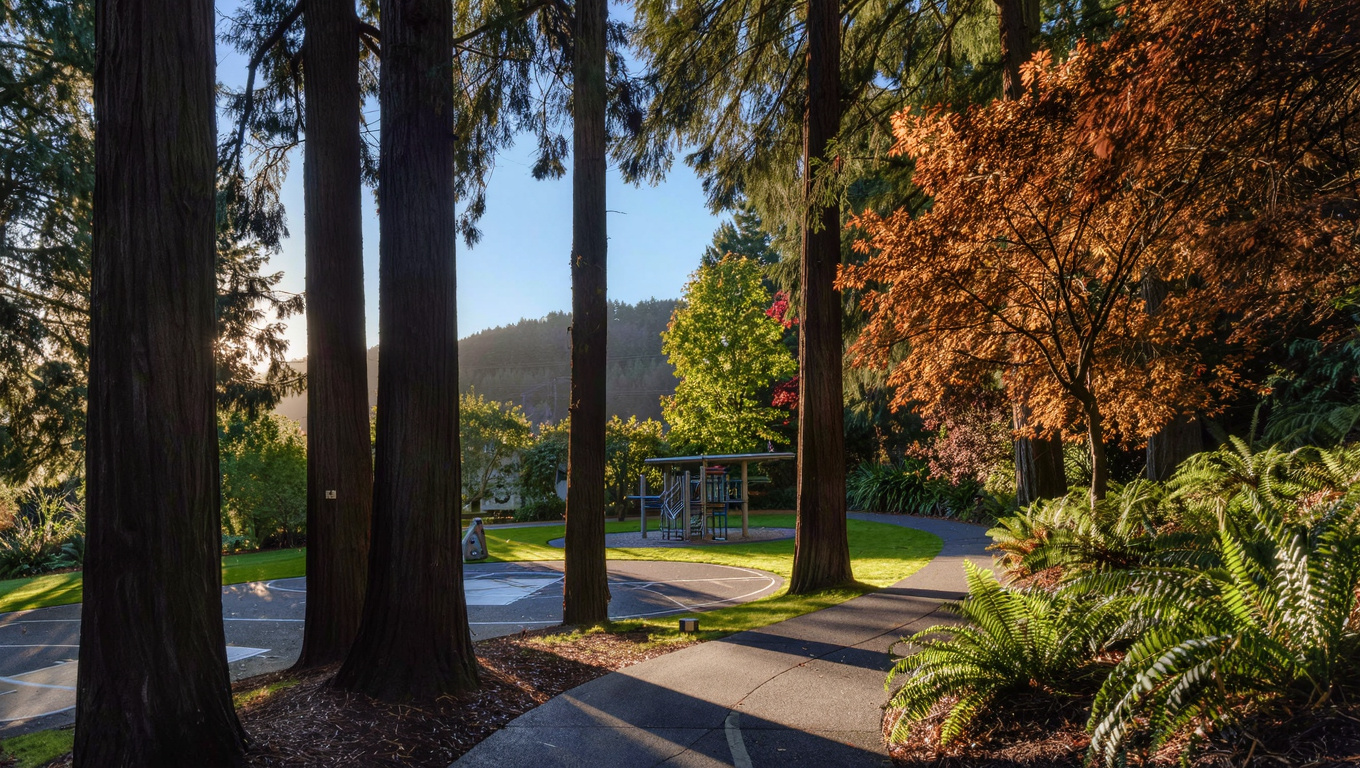Lakeland Hills Park walking loop, basketball court, and playground shaded by evergreen trees in Auburn, Washington