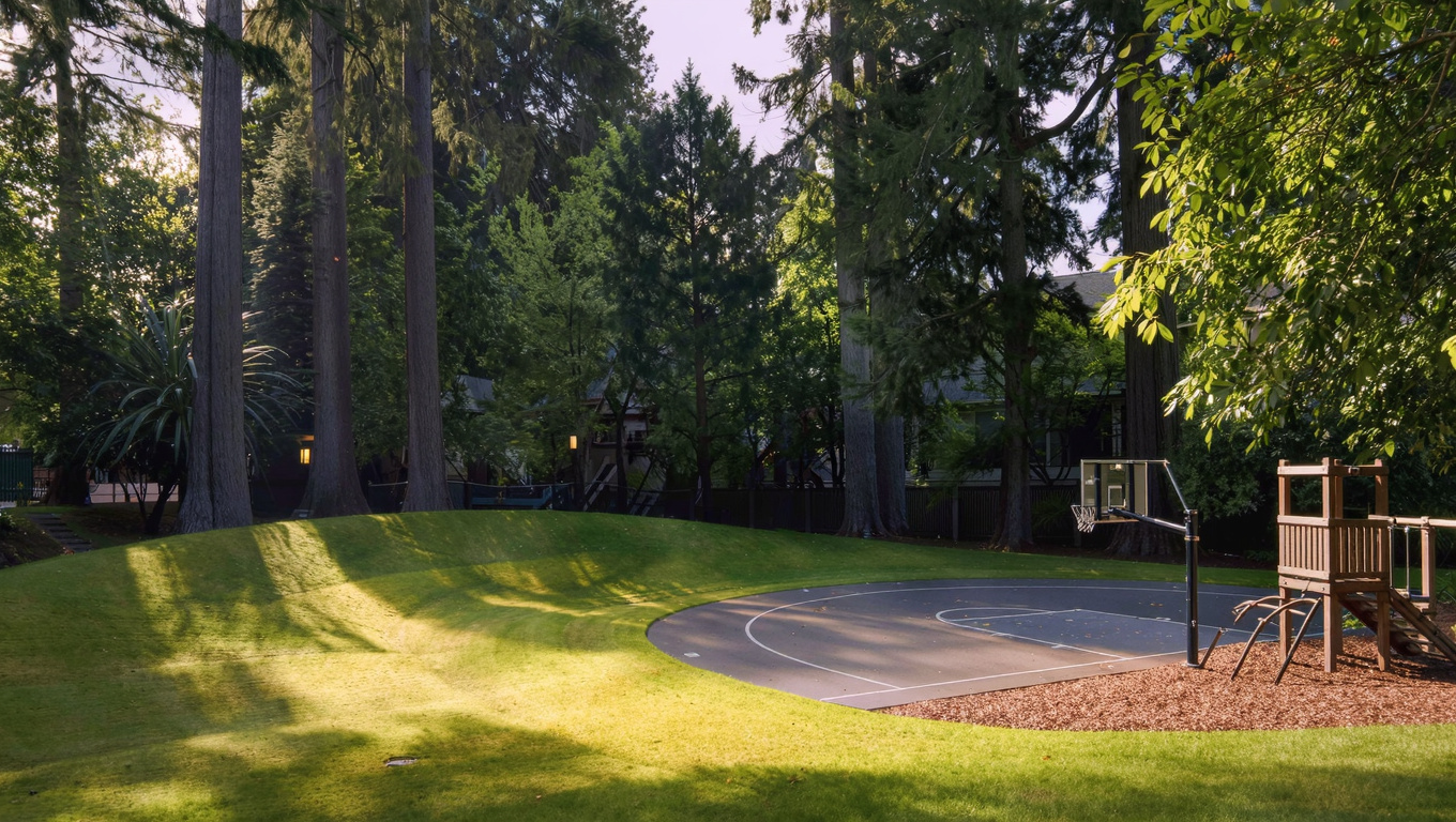 Lea Hill Park amphitheater, sport court, and play area shaded by evergreen trees in the Lea Hill neighborhood of Auburn, Washington