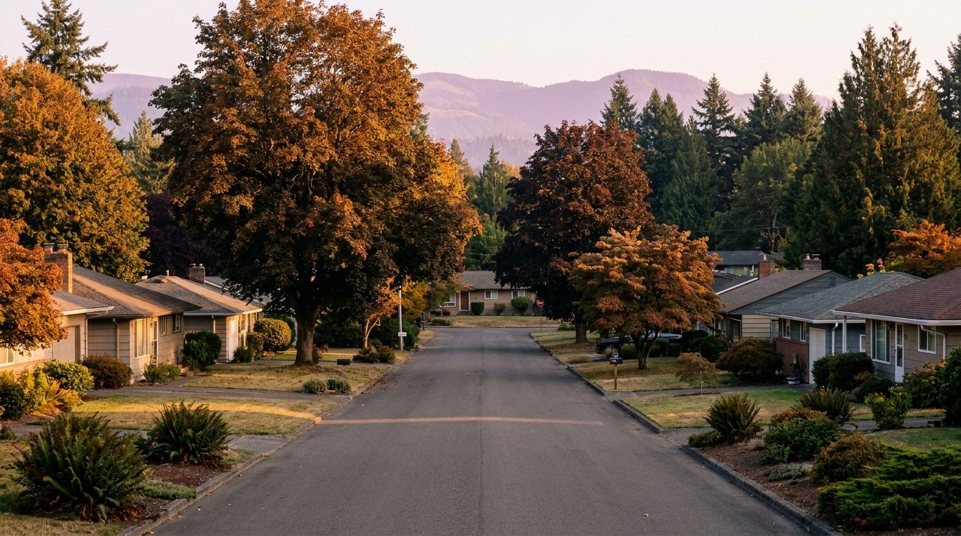 Valley floor residential street in the Auburn Valley neighborhood of Auburn, King County, Washington, near Game Farm Wilderness Park.