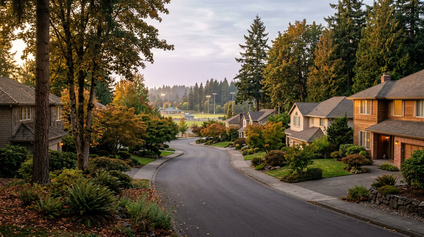 Established residential street near Celebration Park in Federal Way, King County, Washington.