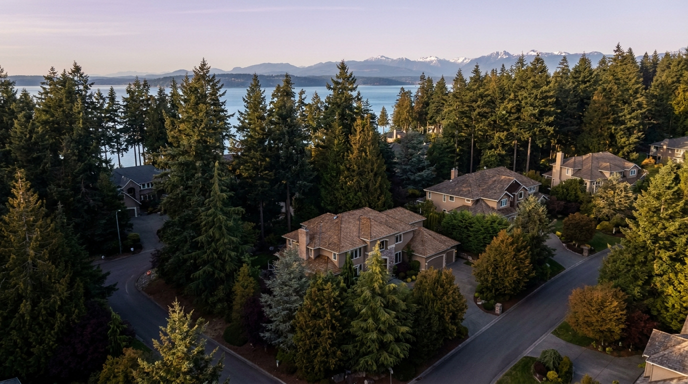 Bluff top homes with Puget Sound views, Dash Point neighborhood of Federal Way, King County, Washington.