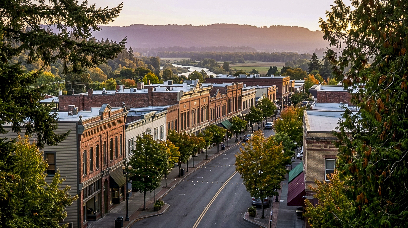 Historic downtown Kent storefronts near the Sounder station, King County, Washington.