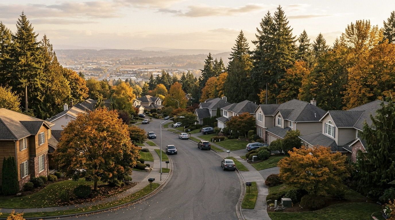 Established residential street on the East Hill plateau above Kent, King County, Washington.