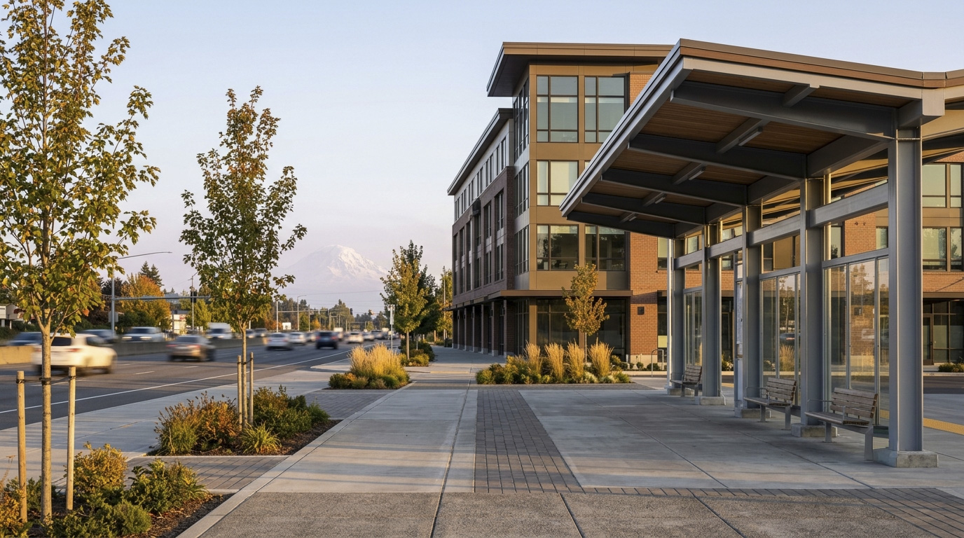 Kent Station transit center and mixed-use development along SR-99 in the Midway area of Kent, King County, Washington.