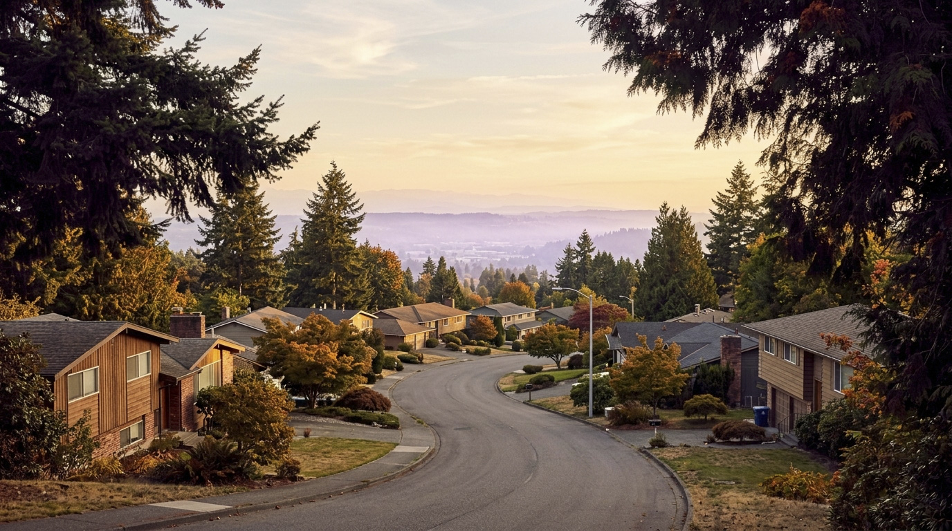 Hilly residential street on the West Hill plateau of Kent, King County, Washington.